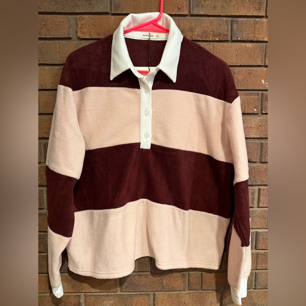 Active USA Maroon and Pink Striped Polo Top NWT medium fleece rugby
